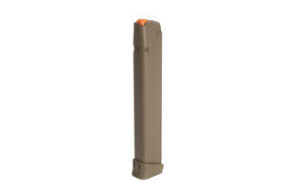 Glock G17 Gen 5 33-round 9mm FDE steel reinforced polymer magazine with high visibility follower and ambi mag catch cuts